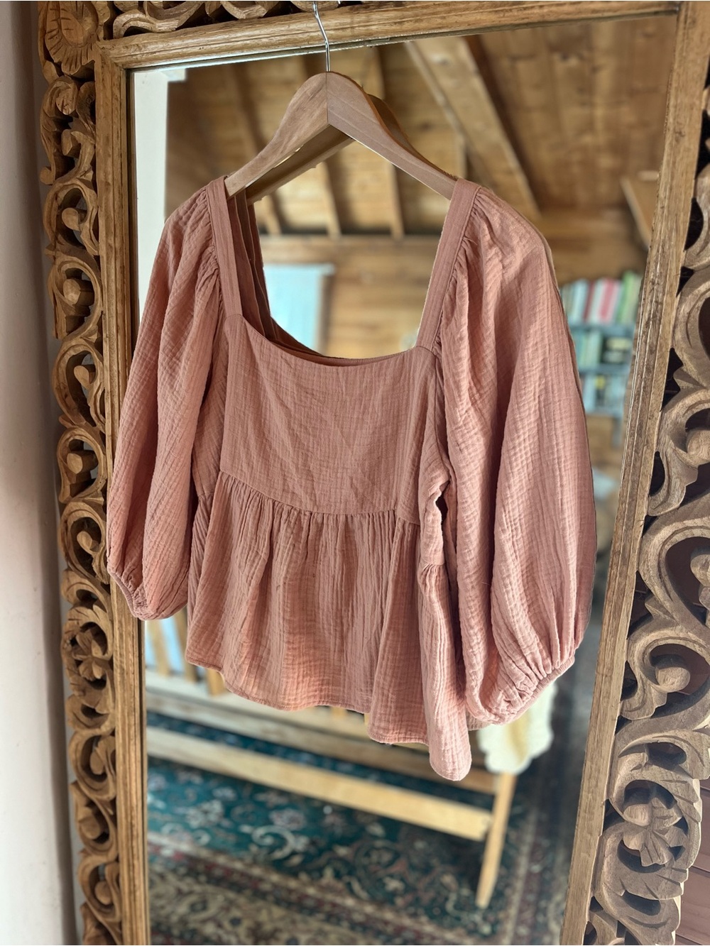 By Together Rose-Pink Smocked Square-Neck Peasant Blouse